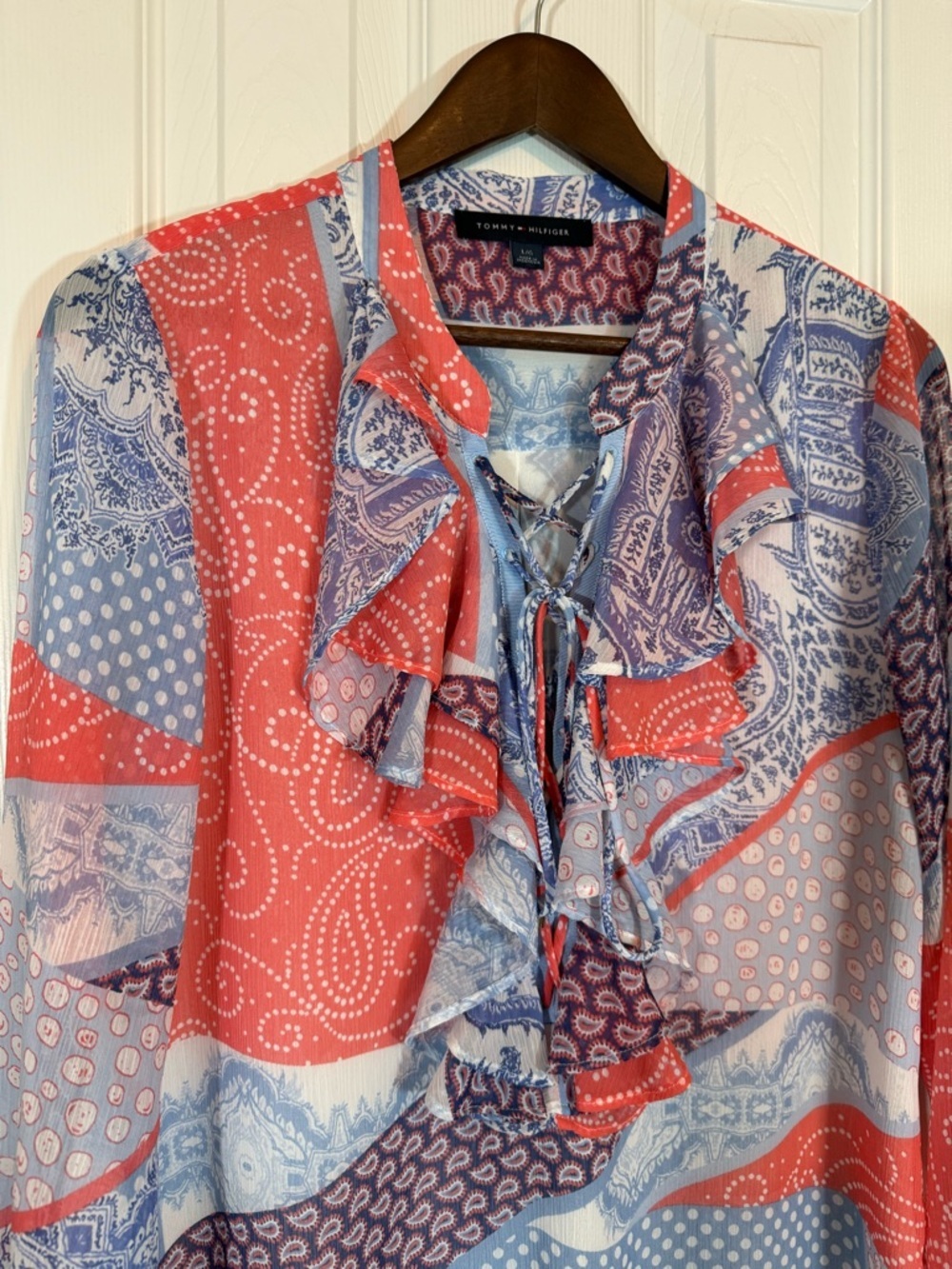 Tommy Hilfiger Ruffle Lace Up Mixed Print Paisley Blouse Size L - Picture 4 of 15